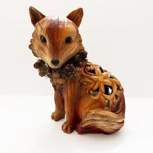 Vintage Woodland Christmas Fox Figurine Resin Faux Wood w/ Pinecone Wreath